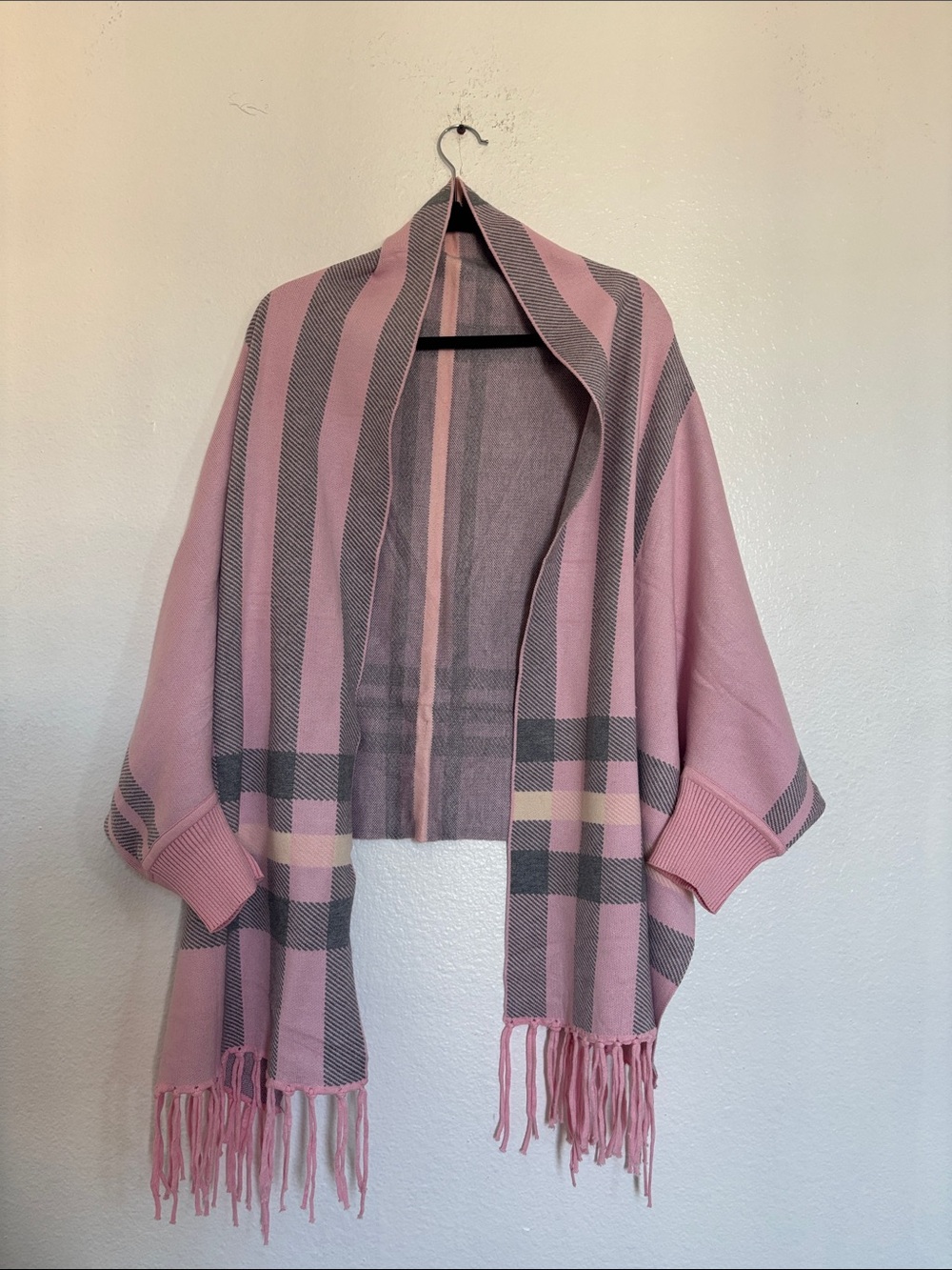 Blush Pink Plaid Fringe Open-Front Poncho Shrug